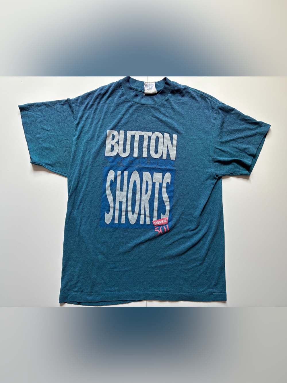 Vtg 90s Men’s Levis 501 Jeans Teal Button Your Shorts T-Shirt - Size Large